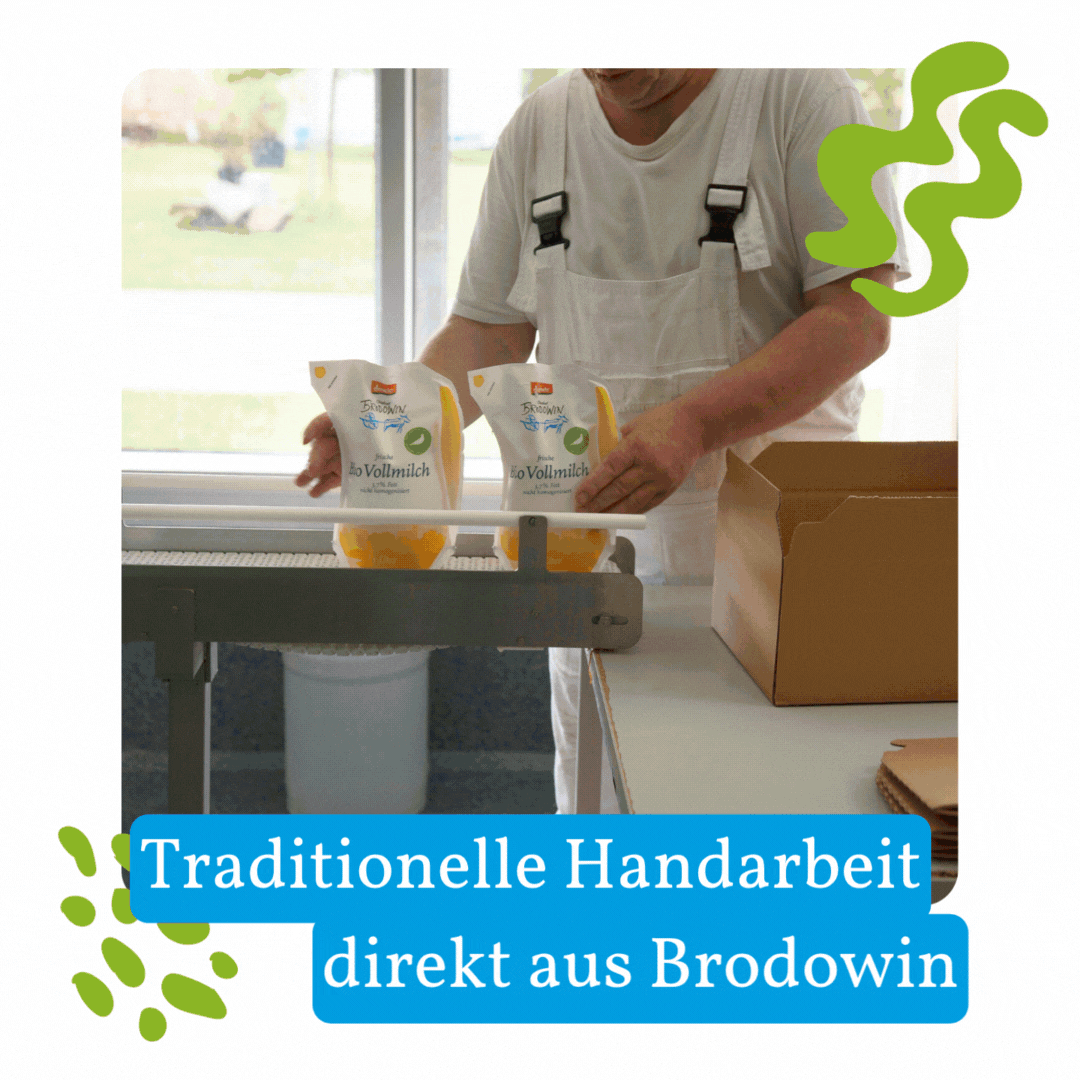 KI generiert: Ein Arbeiter verpackt "Bio Vollmilch". Text: "Traditionelle Handarbeit direkt aus Brodowin".