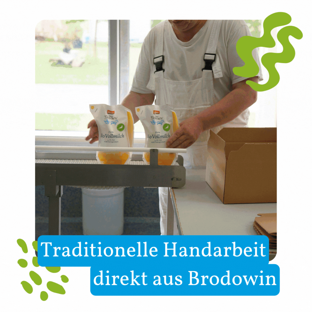 KI generiert: Mann verpackt Milchpackungen. Text: "Traditionelle Handarbeit direkt aus Brodowin".