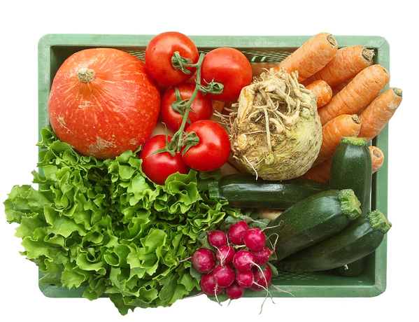 KI generiert: Eine Kiste mit frischem Gemüse: Tomaten, Kürbis, Karotten, Sellerie, Salat, Zucchini und Radieschen.