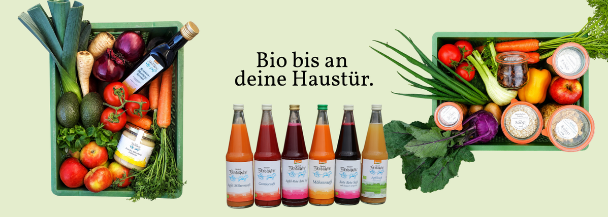 KI generiert: Gemüsekisten und Saftflaschen mit dem Text: "Bio bis an deine Haustür".