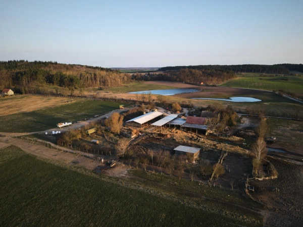 KI generiert: Luftaufnahme eines Bauernhofs mit Feldern und zwei Teichen im Hintergrund.