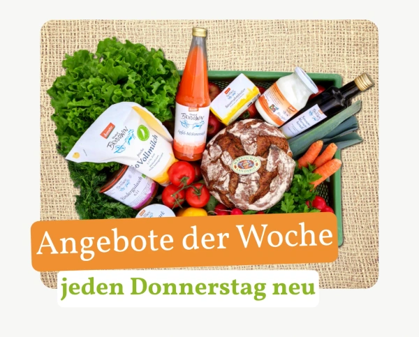 KI generiert: Das Bild zeigt eine Frau, die einen Einkaufskorb voller Lebensmittel hält, darunter Gemüse und Konserven. Unten links wird ein neues Monatsangebot beworben.