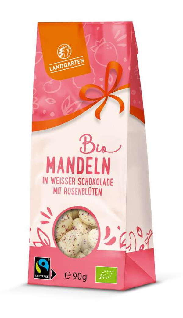 Produktfoto zu Mandeln in weißer Schokolade mit Rosenblüten, 90 g, Landgarten