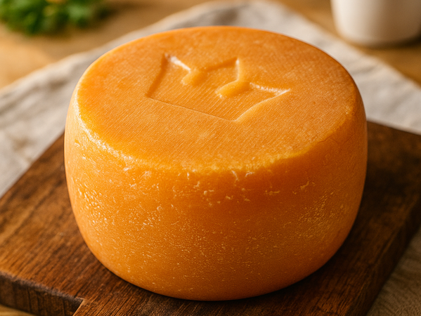 KI generiert: Ein Laib gelber Käse mit Krone darauf auf einem Holzbrett.