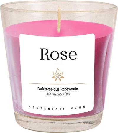 Produktfoto zu Rapswachs Duftkerze im Glas Rose, Kerzenfarm Hahn