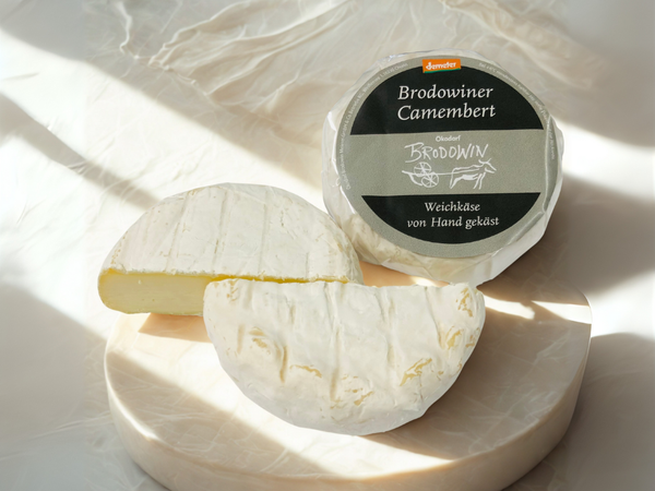 KI generiert: Camembert-Käse auf einem Tisch, Verpackung beschriftet: "Brodowiner Camembert, Weichkäse von Hand gekäst".