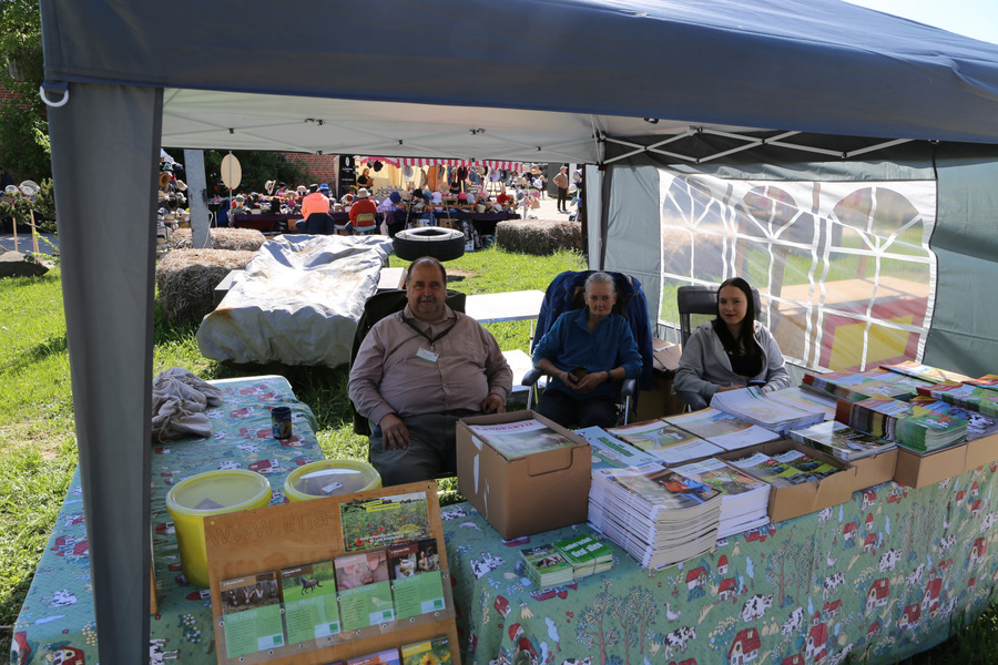 KI generiert: Ein Stand mit drei Personen und Infomaterialien, im Hintergrund eine Veranstaltung.