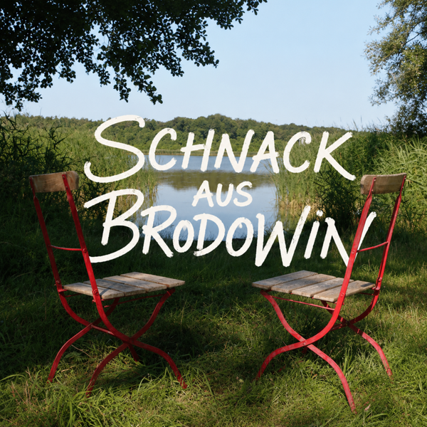 KI generiert: Zwei Stühle vor einem See, Text: "Schnack aus Brodowin".