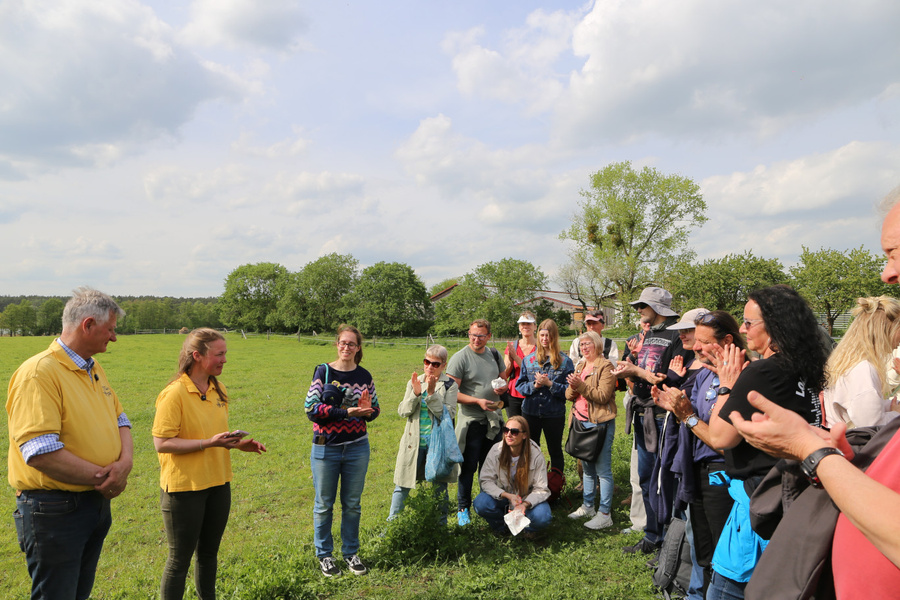 KI generiert: Eine Gruppe von Menschen steht und plaudert auf einer grünen Wiese bei sonnigem Wetter.
