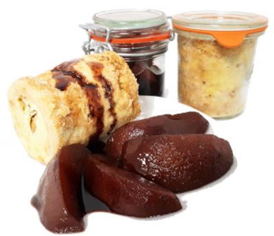 Produktfoto zu Herzhafter Kartoffelpudding mit Rotweinbirnen