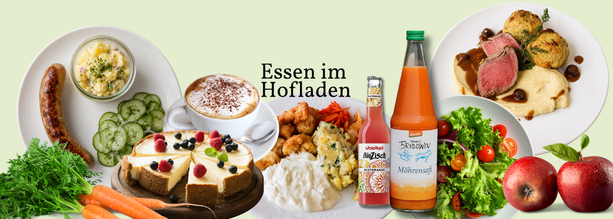 KI generiert: Verschiedene Gerichte mit Getränken, frischen Lebensmitteln und der Text "Essen im Hofladen".
