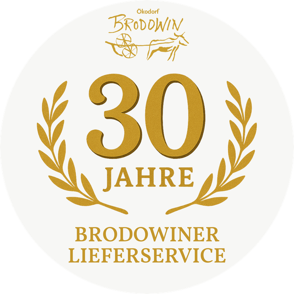 KI generiert: Rundes Emblem zum 30-jährigen Jubiläum des Brodowiner Lieferservice. Text: "30 Jahre Brodowiner Lieferservice".
