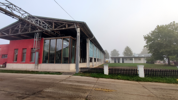 KI generiert: Großes Gebäude mit Glasfront und rotem Abschnitt, im Hintergrund Bäume und Nebel.