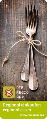 KI generiert: Zwei Gabeln mit Schnur gebunden. Text: "Regional einkaufen – regional essen" www.regioapp.org