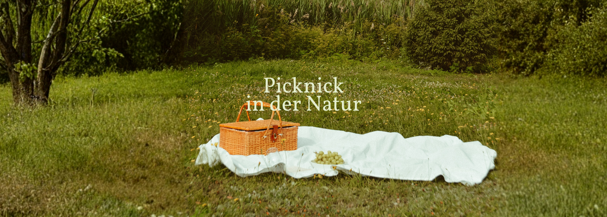 KI generiert: Ein Picknick-Korb auf einer Decke im Grünen. Text: "Picknick in der Natur".