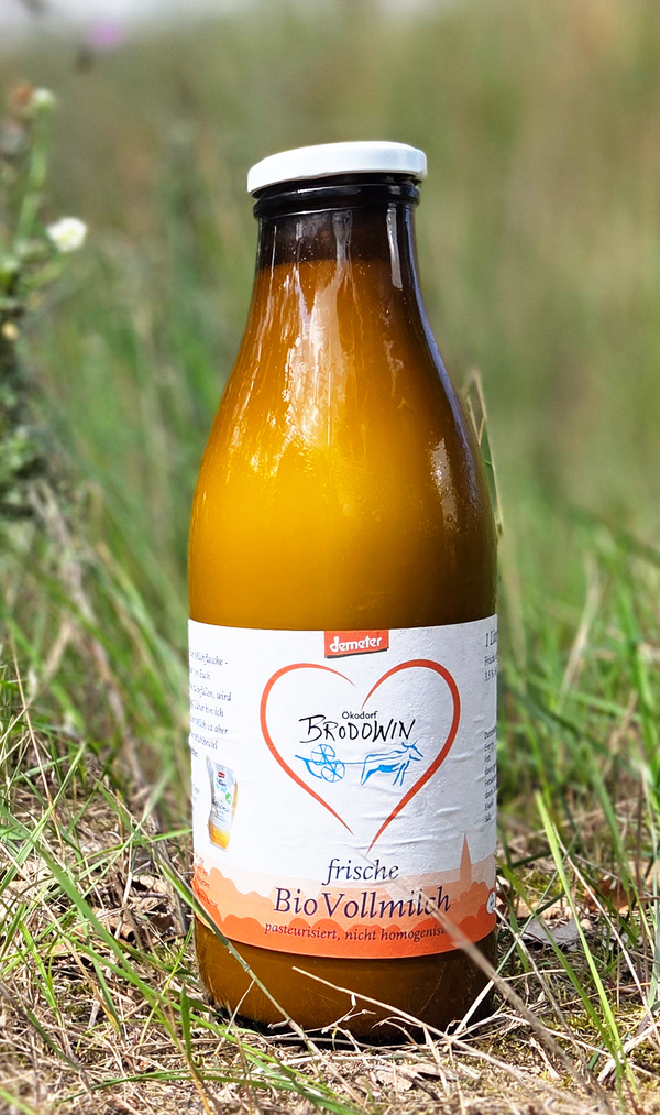 KI generiert: Eine Flasche frische Bio-Vollmilch von Brodowin im Gras. Text: "frische BioVollmilch, pasteurisiert, nicht homogenisiert."