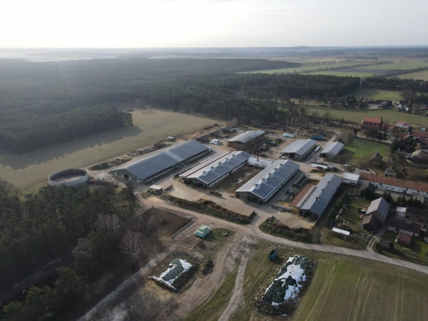 KI generiert: Luftaufnahme eines Bauernhofs mit mehreren Gebäuden, umgeben von Wäldern und Feldern.