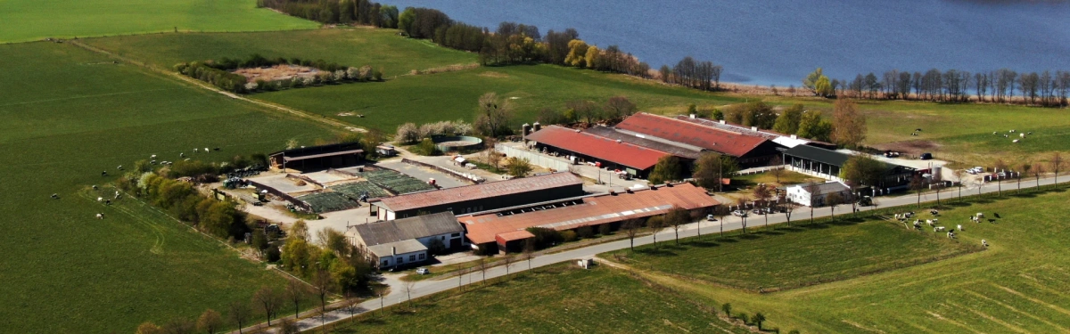 KI generiert: Luftaufnahme eines Bauernhofs mit Gebäuden, umgeben von Feldern und einem See im Hintergrund.