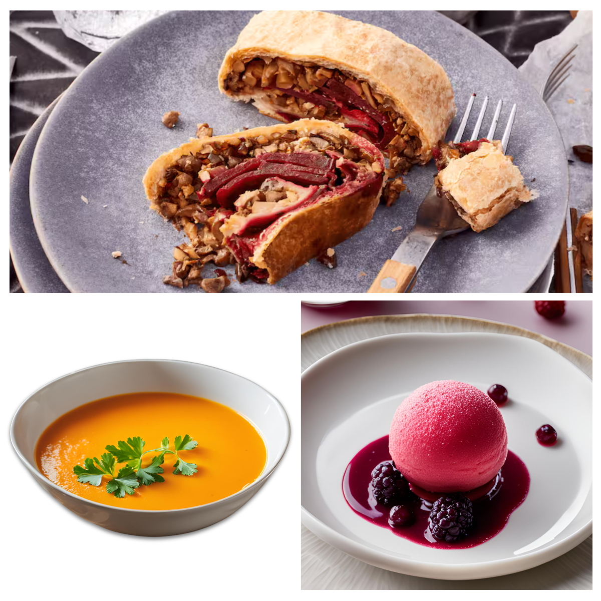 Möhren-Orangensuppe & Rote Bete Strudel & Cassissorbet