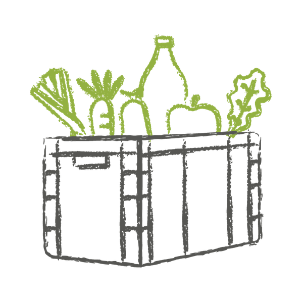 Ein Gif mit mehreren Fotos, eines nach dem anderen, von verschiedenen Personen, die Hühner oder Kisten mit Obst und Gemüse halten.