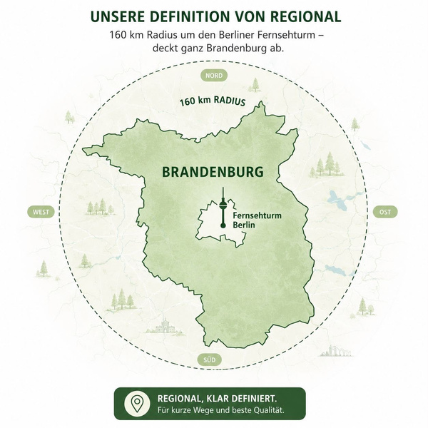 KI generiert: Karte zeigt Brandenburg im 160 km Radius um Berliner Fernsehturm. Text: "Regionale Definition. Für kurze Wege."