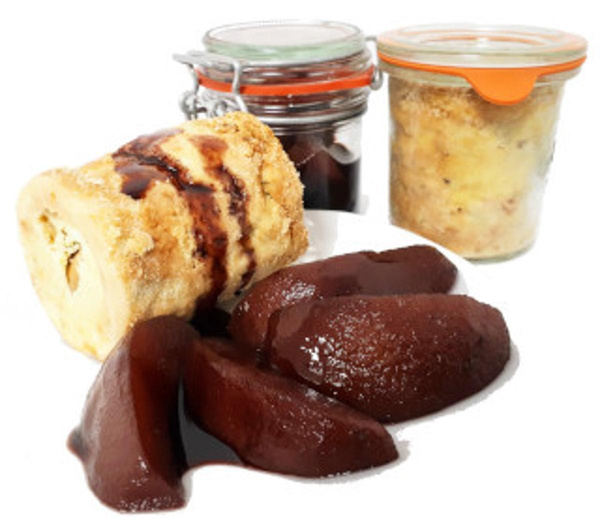 Produktfoto zu Herzhafter Kartoffelpudding mit Rotweinbirnen