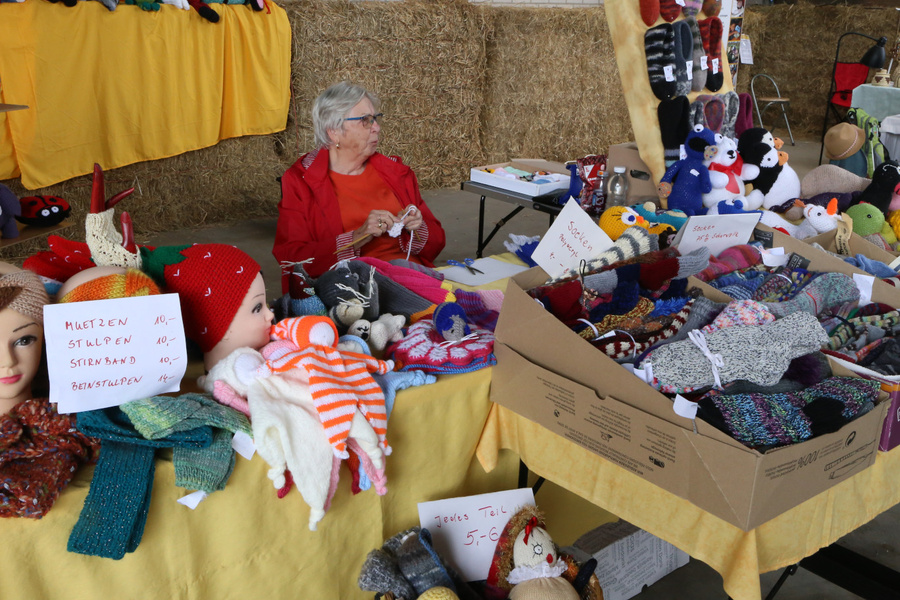 KI generiert: Eine Frau verkauft selbstgestrickte Waren auf einem Marktstand. Texte: „Mützen 10,-“, „Stulpen 10,-“, „Jedes Teil 5-6 €“.