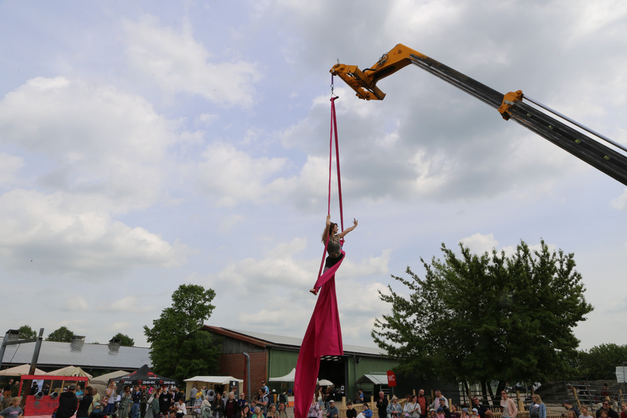 KI generiert: Eine Luftakrobatin schwebt an einem Kran hängend über einer Menschenmenge auf einem Festival.