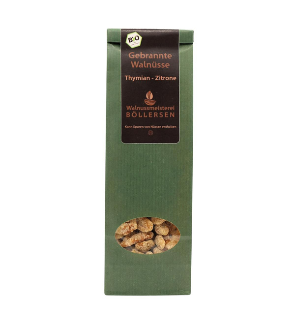 Produktfoto zu Gebrannte Walnuss Thymian-Zitrone, 80 g, Walnussmeisterei Böllersen